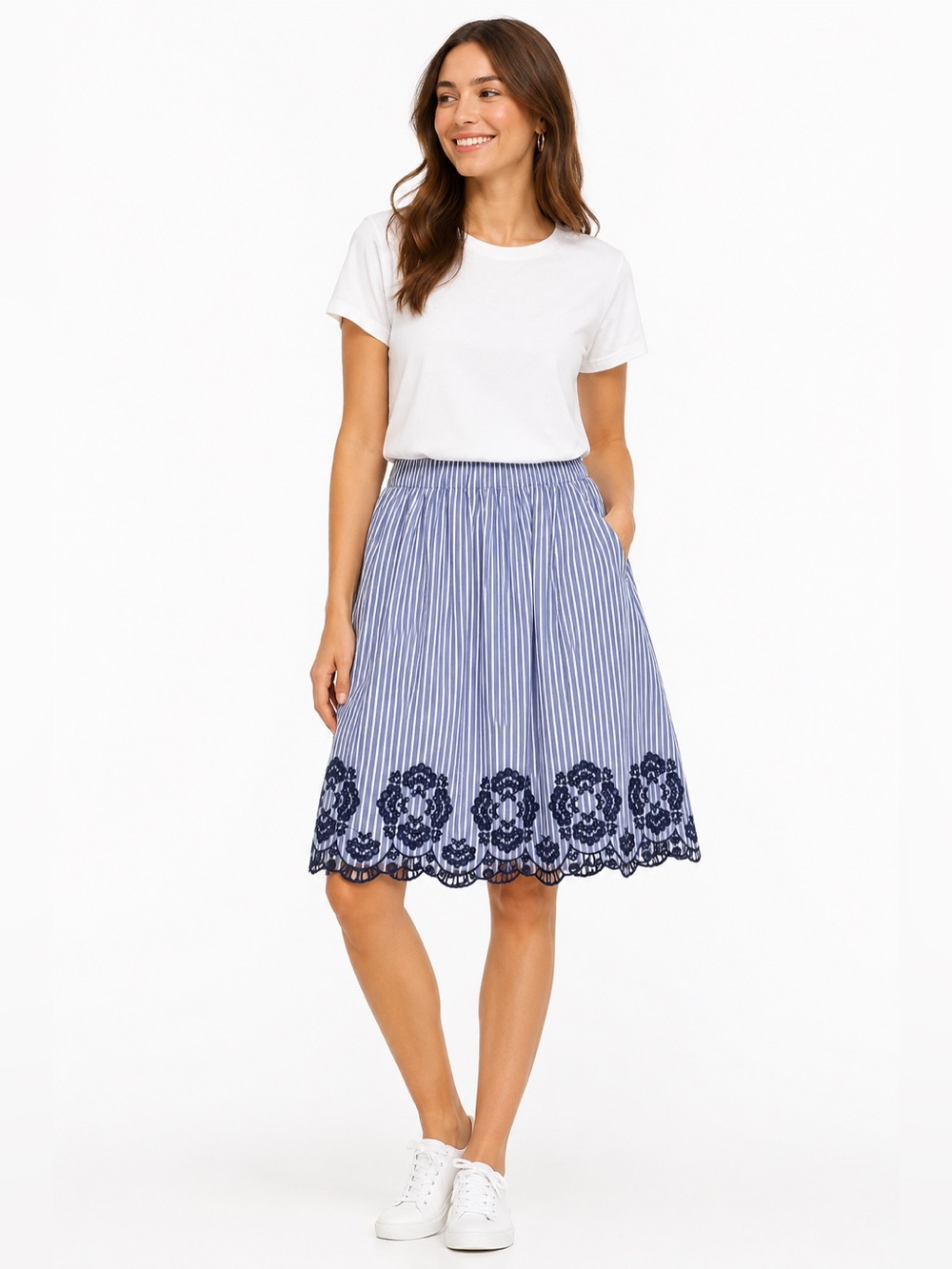 Cotton Poplin Striped Blue and White Skirt With Navy Embroidered Detailing